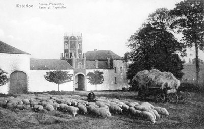 Boerderij van Papelotte, een belangrijke strategische locatie voor Wellington tijdens de Slag bij Waterloo, herdenkingsansichtkaart, ca. 1912 (fotolitho) door Belgian Photographer